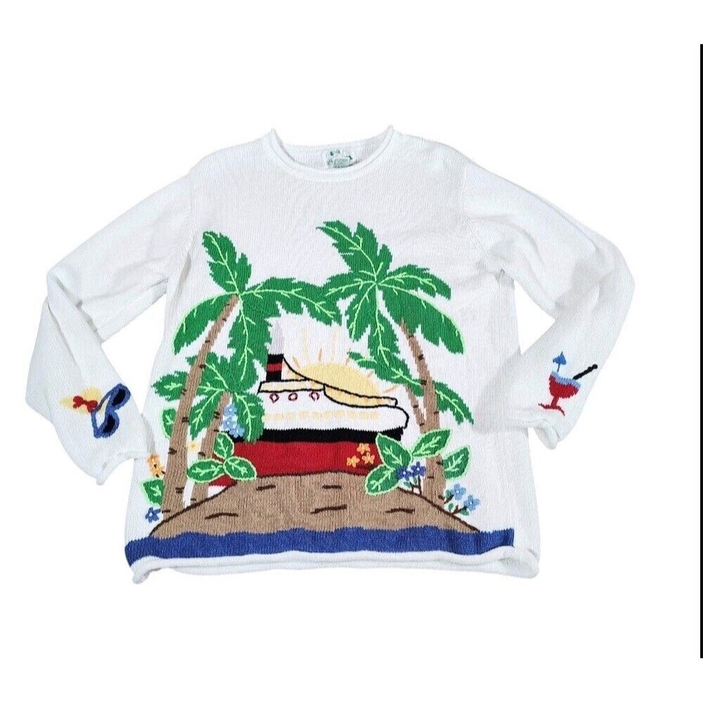 Quaker Factory Cruise Ship Sweater Medium Palm Tree Beach Tropical Knit Pullover